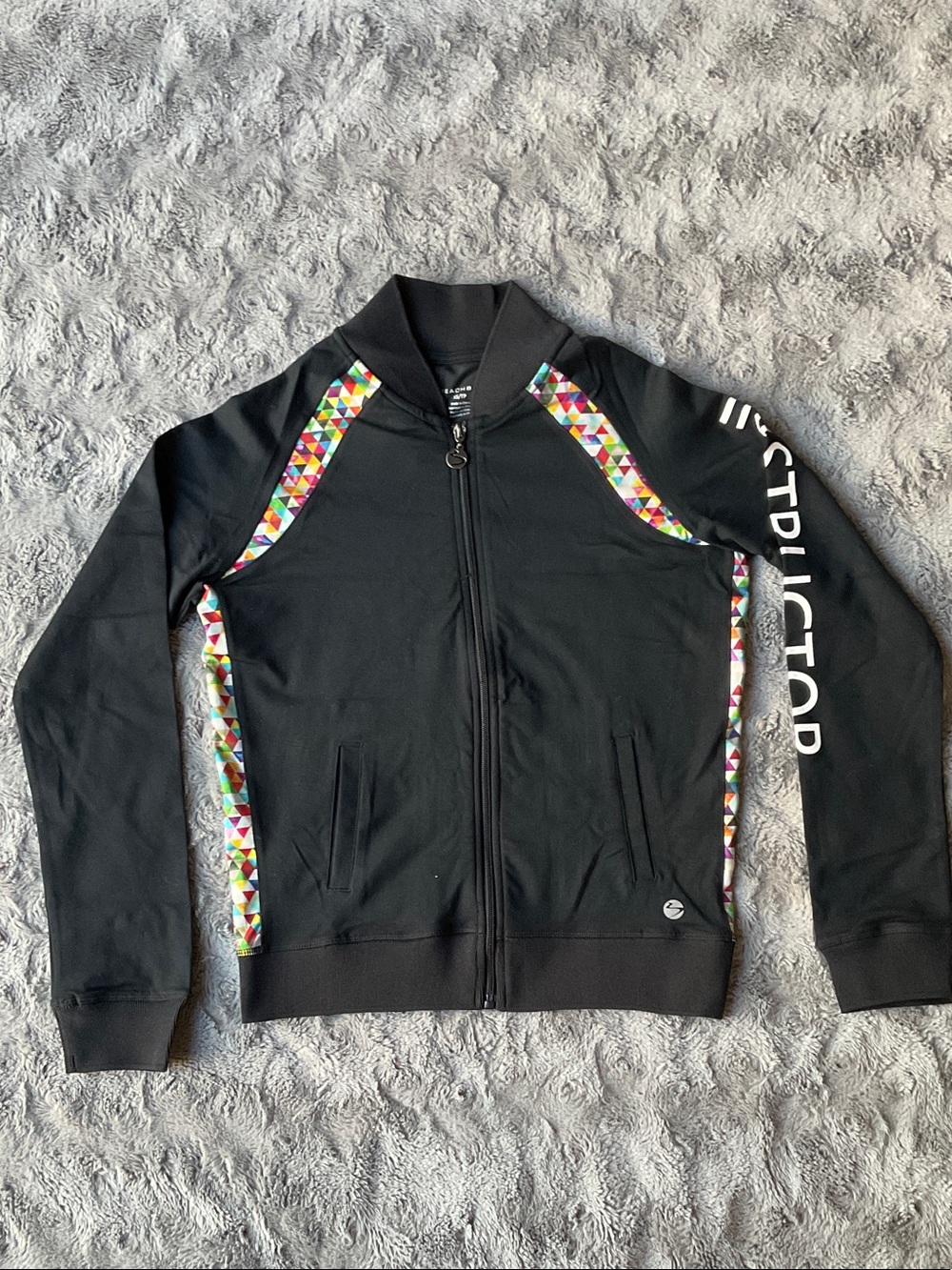 Beachbody Black Zip Jacket with Multicolor Geometric Trim